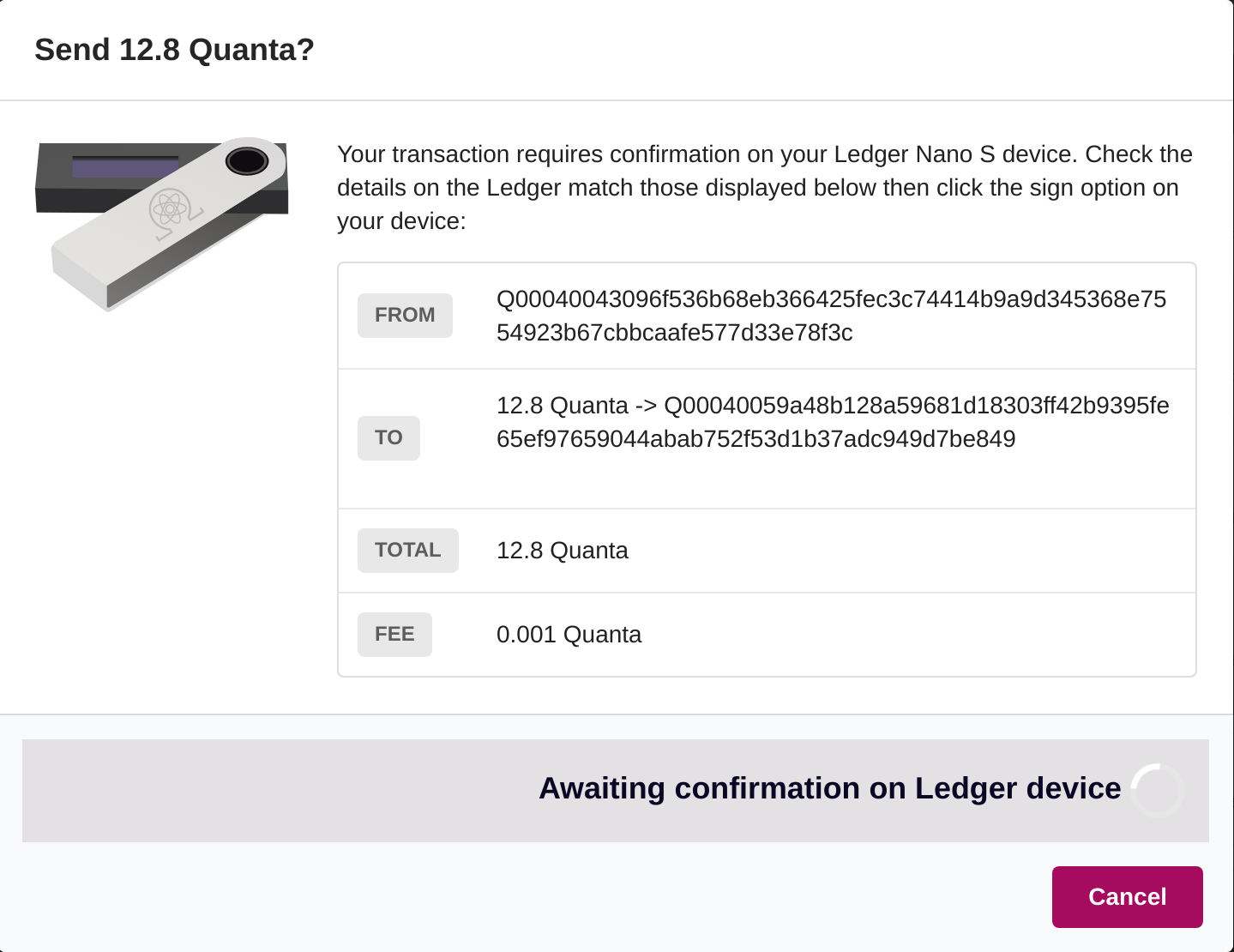 QRL Ledger Nano Confirm Transaction